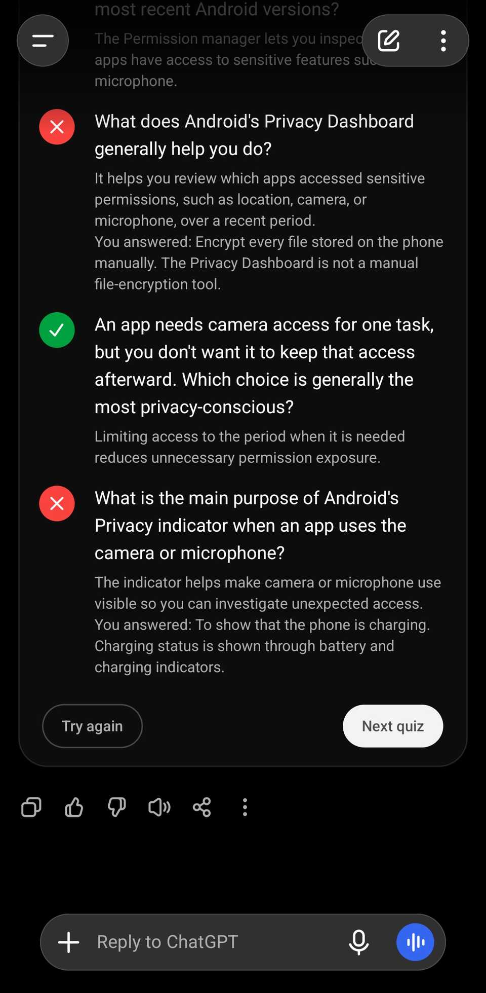 ChatGPT chat showing part of the results for an Android quiz.