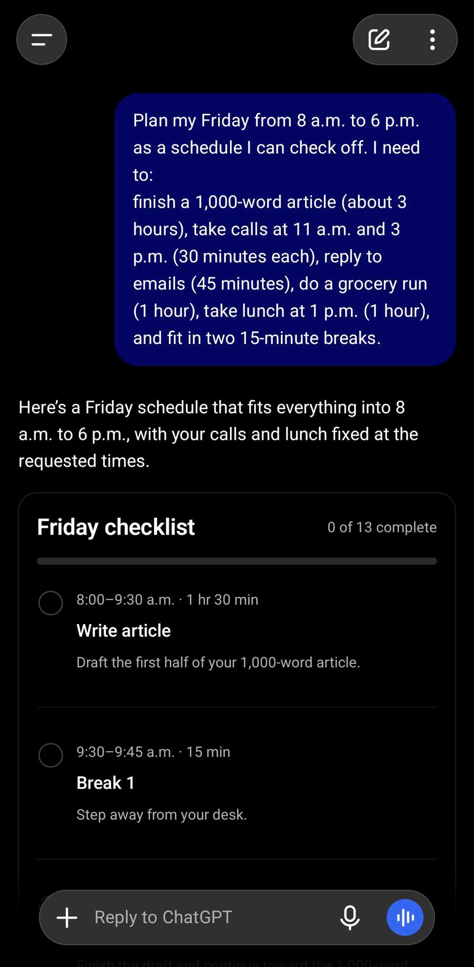 ChatGPT chat showing a prompt for a day planner and part of the results showing interactive UI elements.