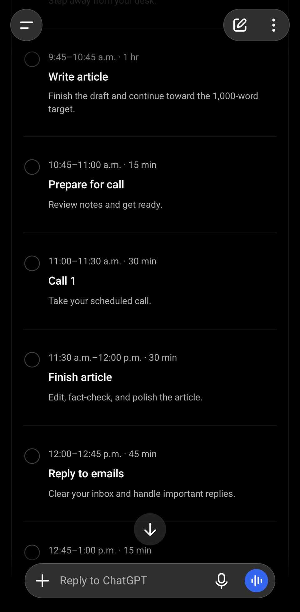 ChatGPT chat showing part of the results for a day planner with interactive UI elements.