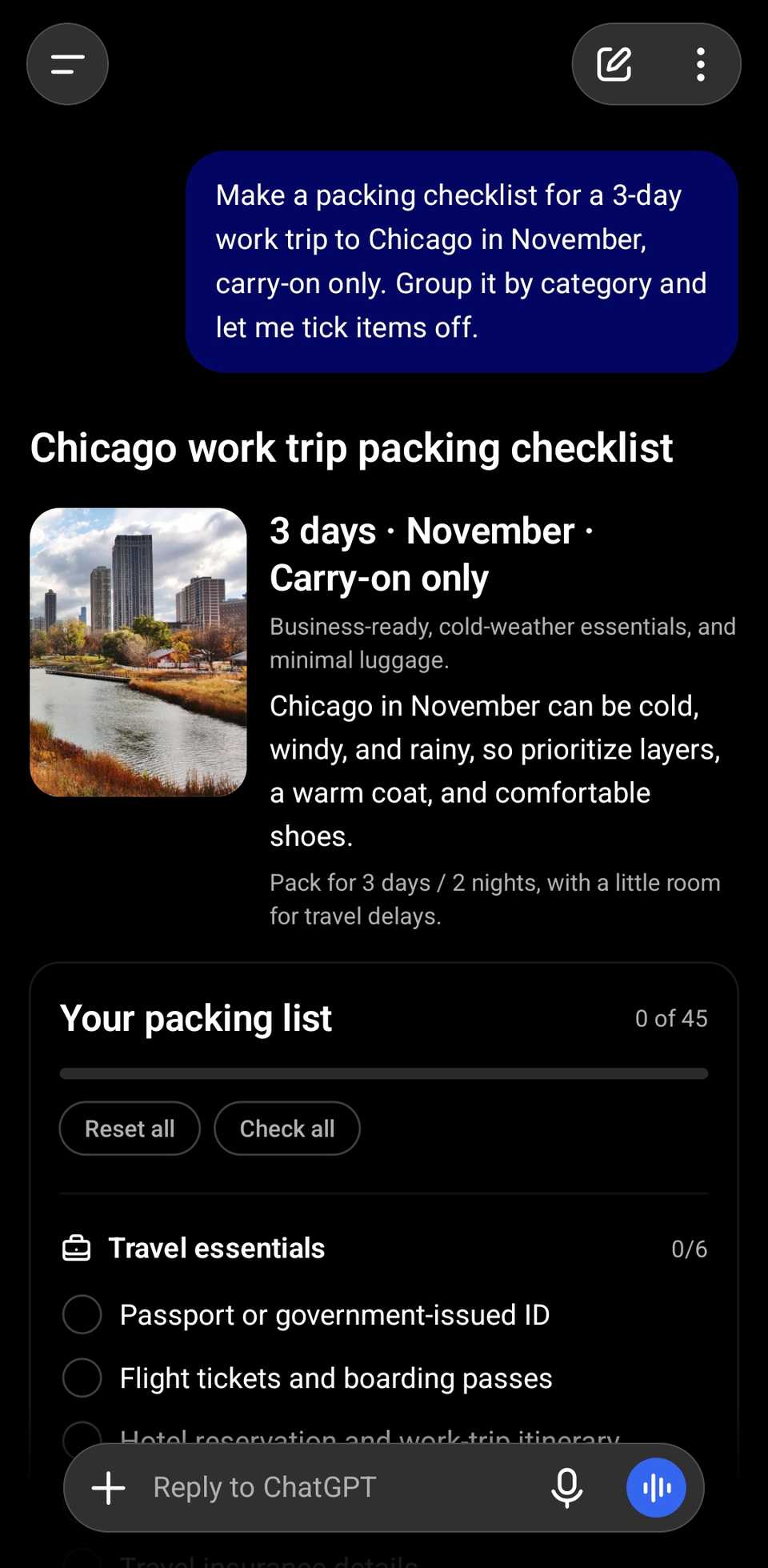ChatGPT chat showing a prompt for a work trip checklist and part of the results.