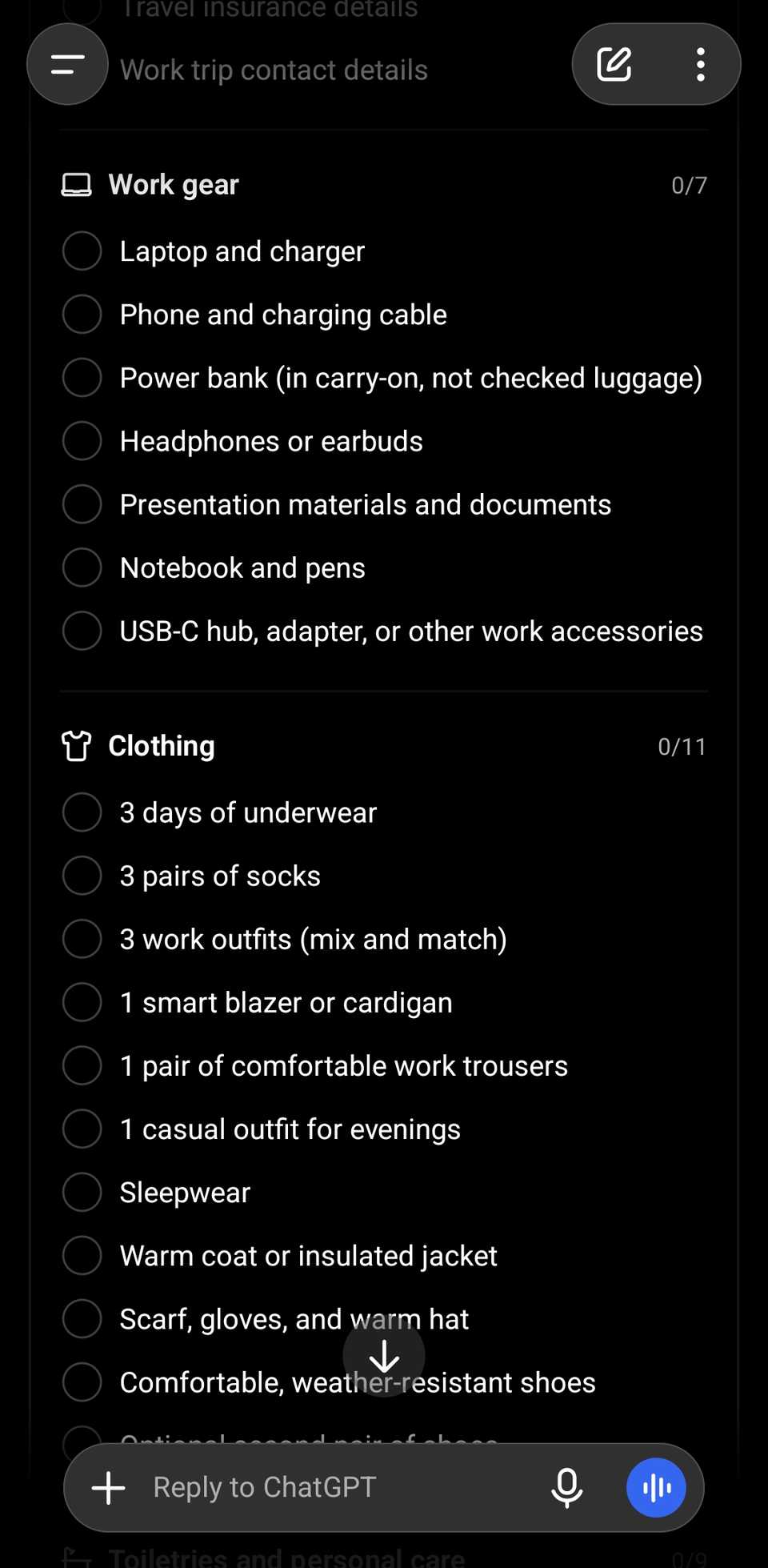 ChatGPT chat showing part of the results for a work trip checklist.