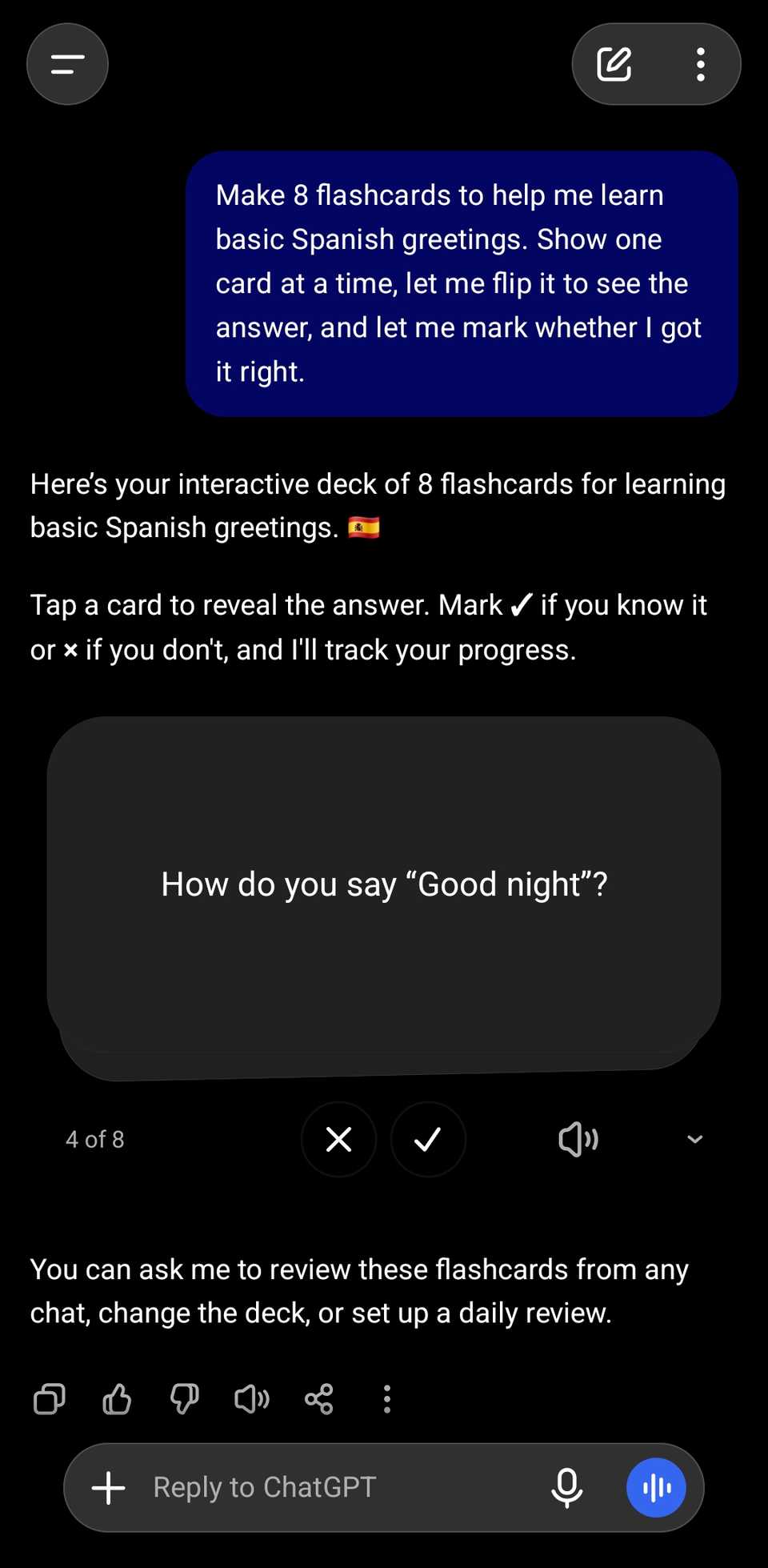 ChatGPT chat showing a prompt for a flashcard review of Spanish greetings and part of the results.