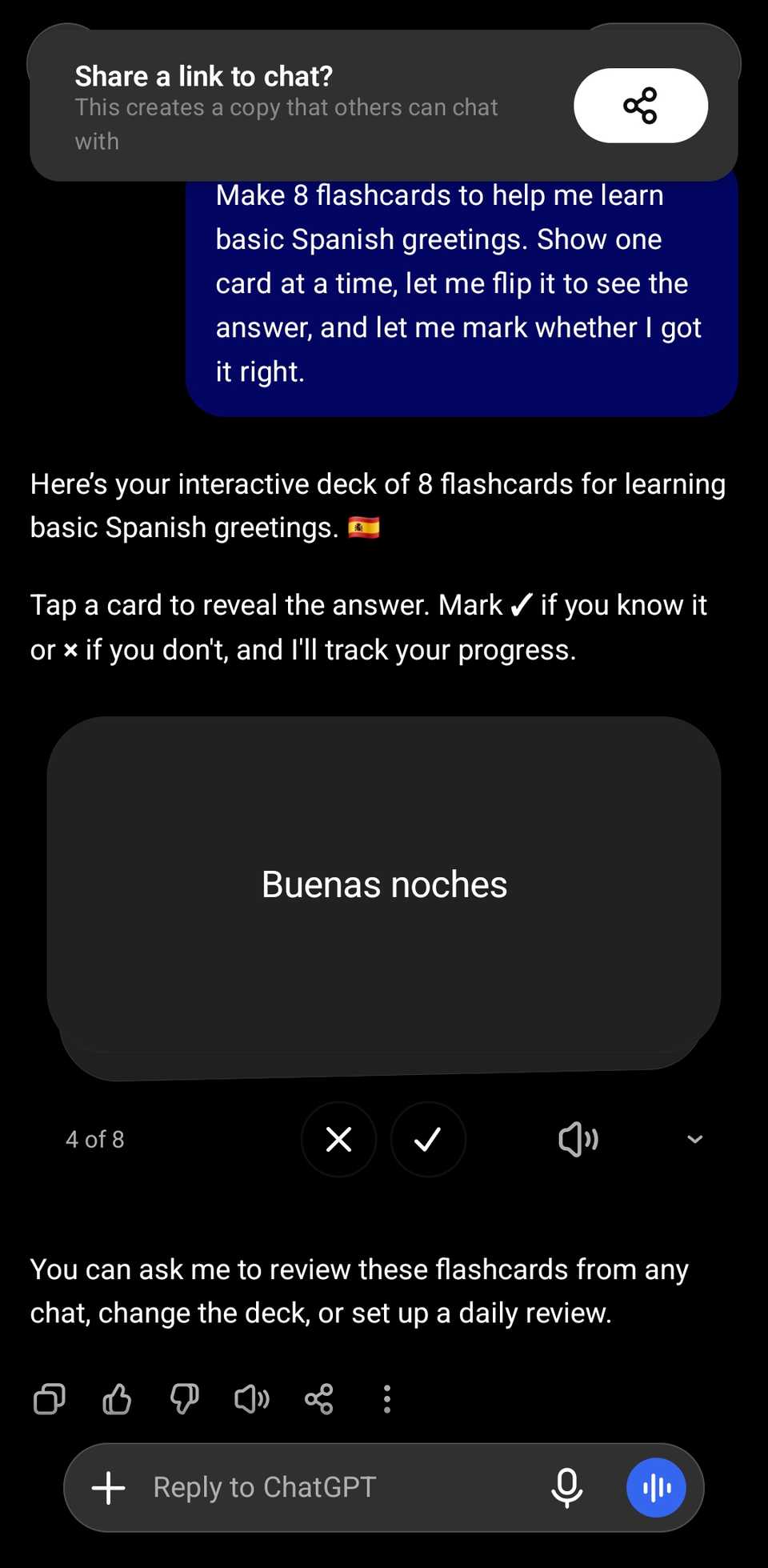 ChatGPT chat showing a prompt for a flashcard review of Spanish greetings and part of the results.