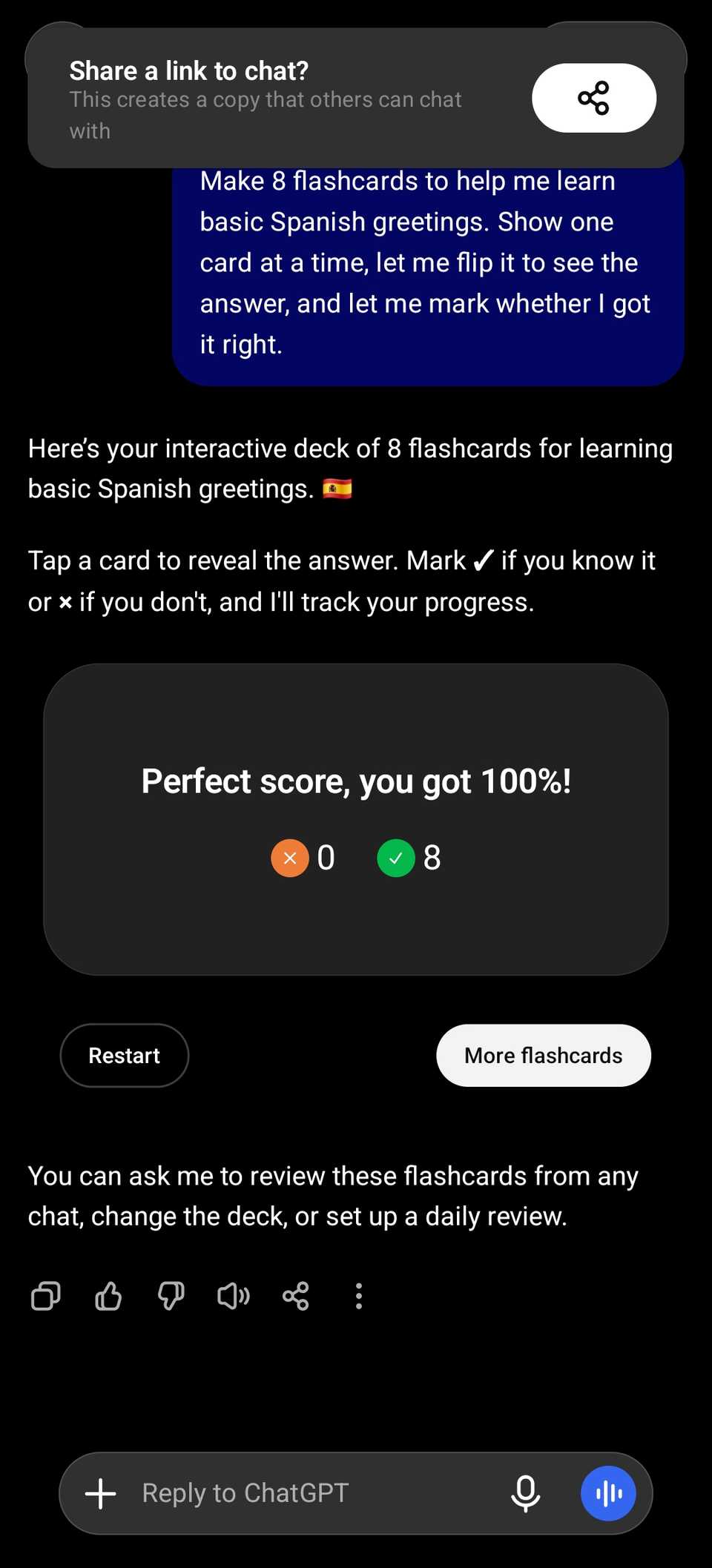 ChatGPT chat showing a prompt for a flashcard review of Spanish greetings and the result.