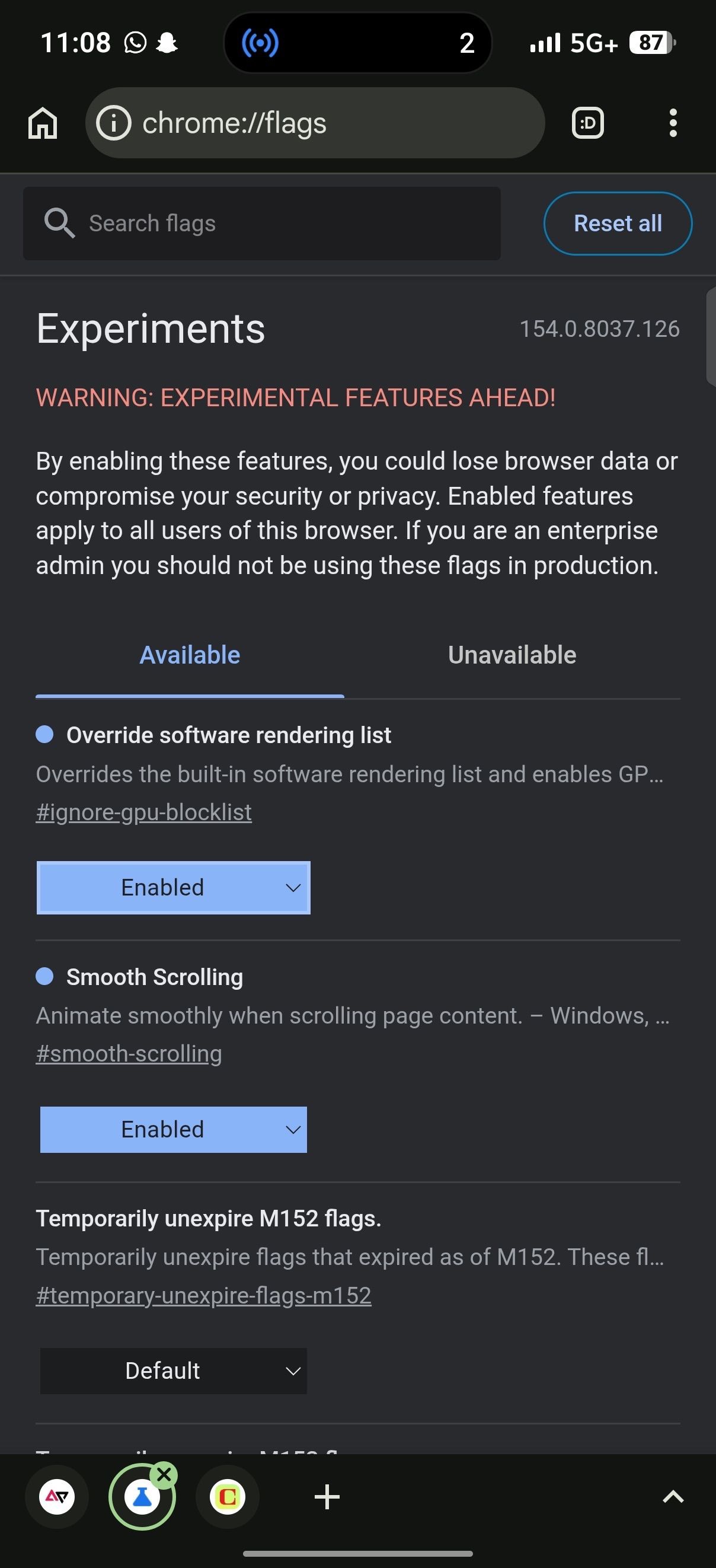 Chrome Experiments page showing Override software rendering list flag set to Enabled