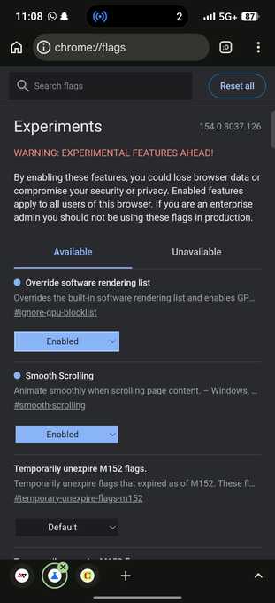 Chrome Experiments page showing Override software rendering list flag set to Enabled