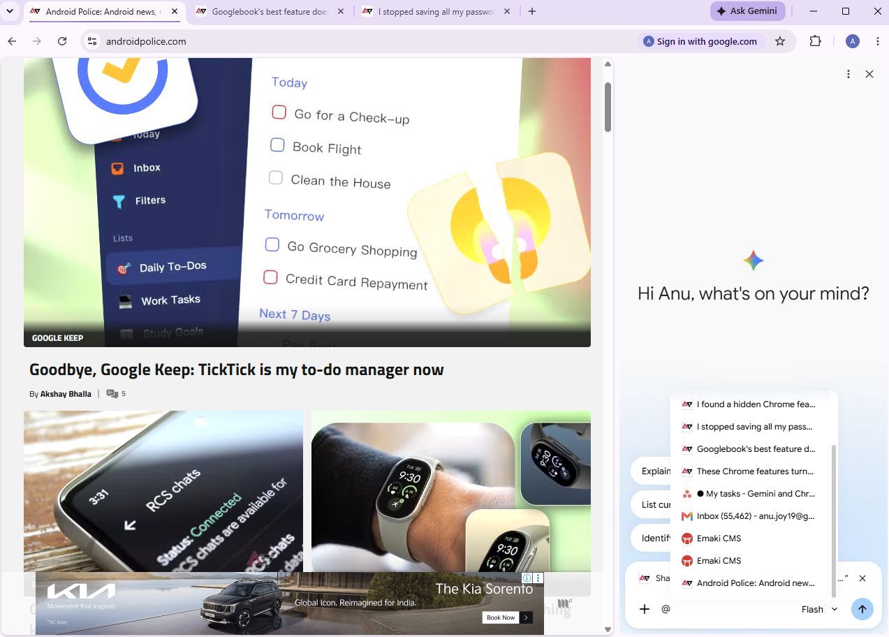 Screenshot showing mutliple tabs in Chrome's Ask Gemini prompt box