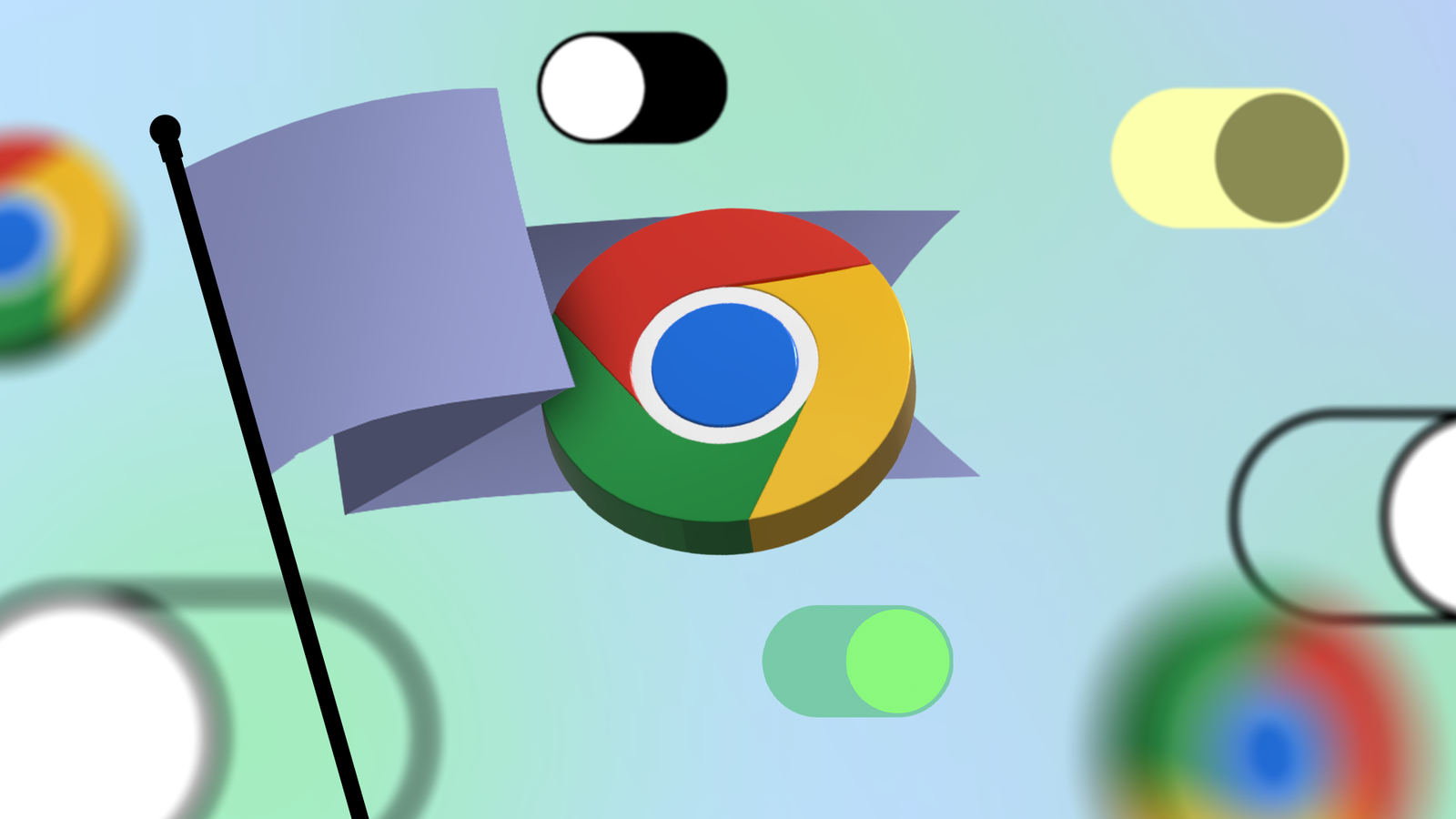 Chrome logo surrounded by toggle switches and a flag.