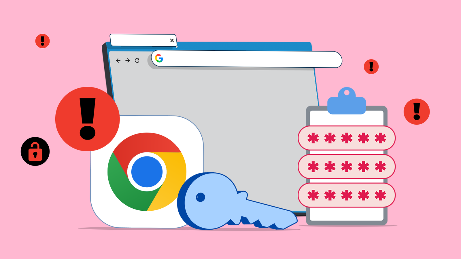 Chrome logo with password fields, a key, and security warning icons
