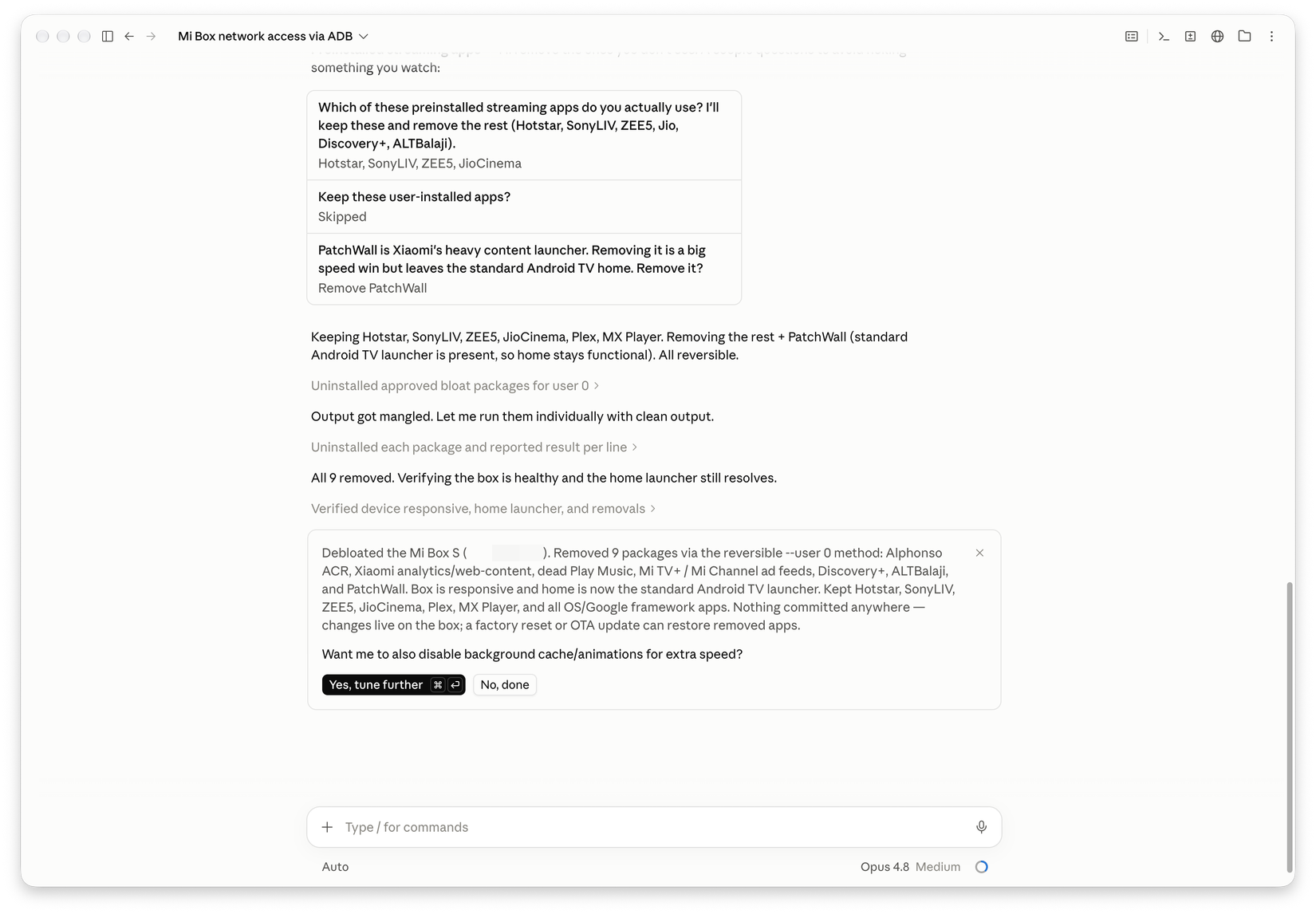 Claude removing unwanted apps from my old Android TV