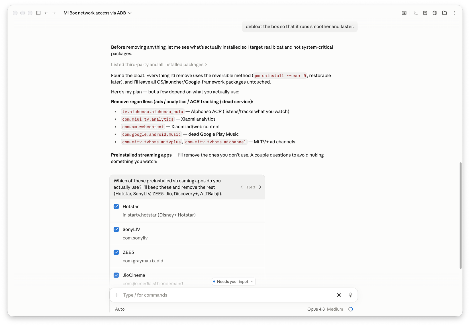 Using Claude to remove unwanted packages from my old Android TV