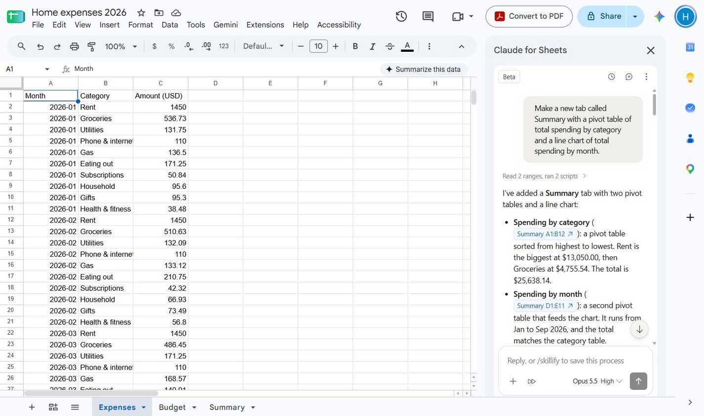 A sheet in Google Sheets showing rows of data and an open Claude sidebar.