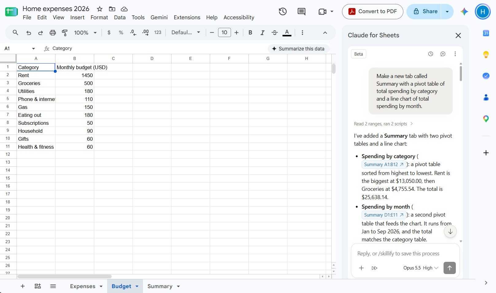 A sheet in Google Sheets with a short row of data and an open Claude sidebar.