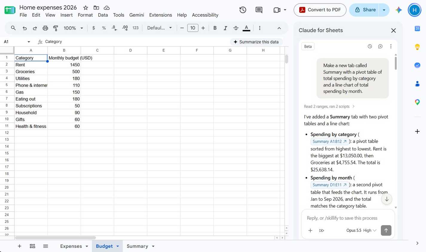 A sheet in Google Sheets with a short row of data and an open Claude sidebar.