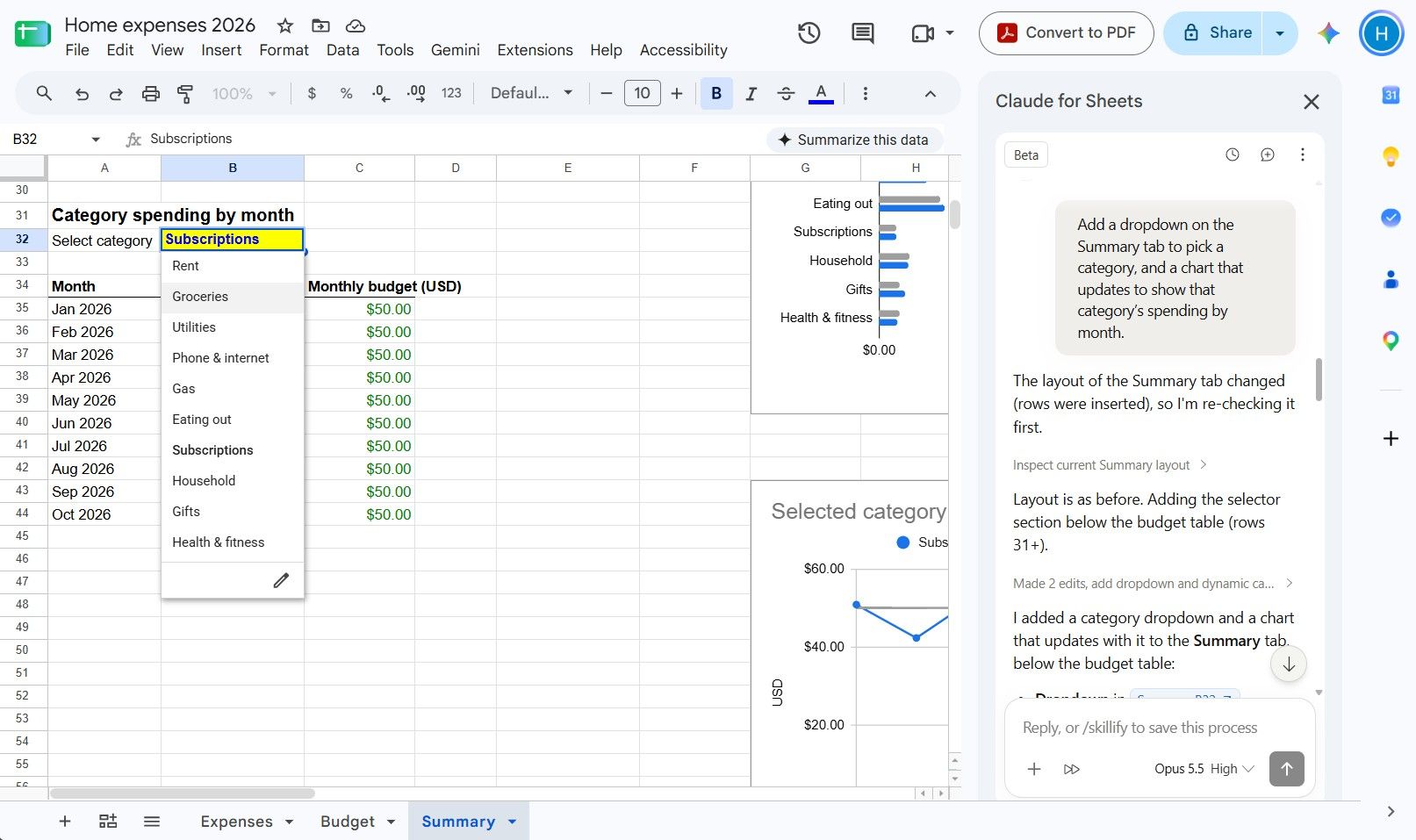 A sheet in Google Sheets showing an interactive table and an open Claude sidebar.