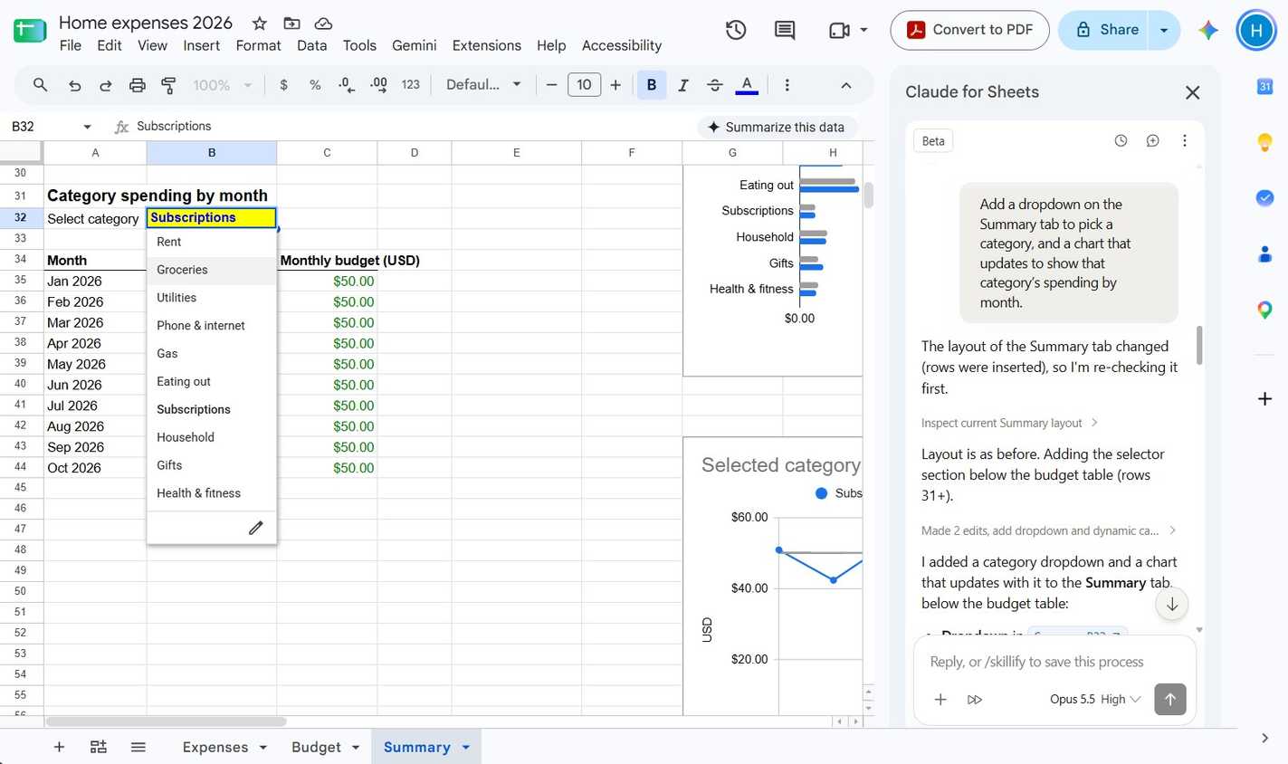 A sheet in Google Sheets showing an interactive table and an open Claude sidebar.