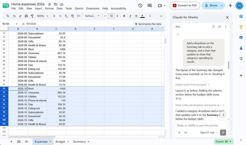 A sheet in Google Sheets showing several rows of data and an open Claude sidebar.