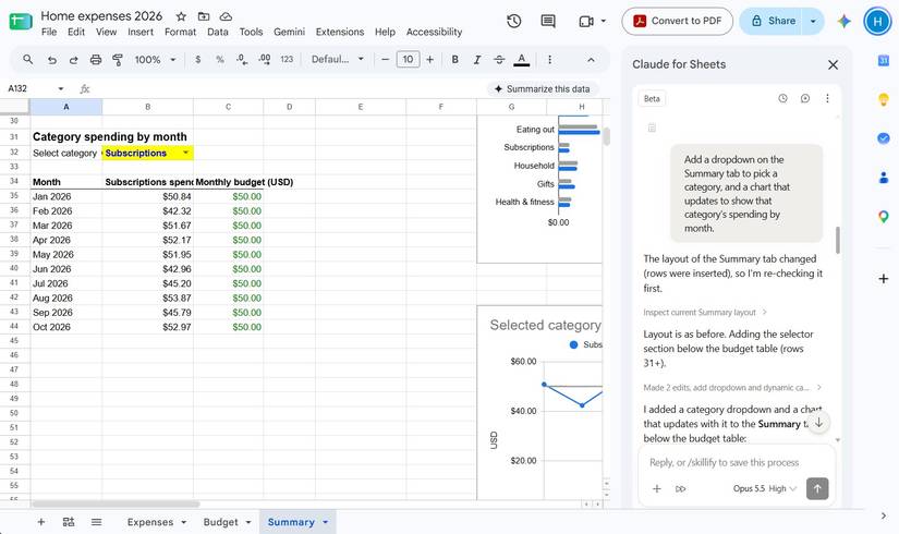 A sheet in Google Sheets showing rows of data and an open Claude sidebar.