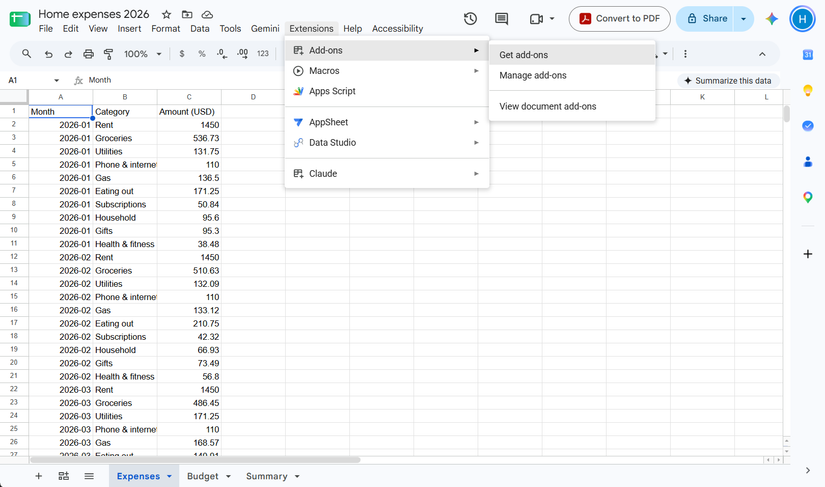 A sheet in Google Sheets showing rows of data and the 'Extension' dropdown with relevant options highlighted.