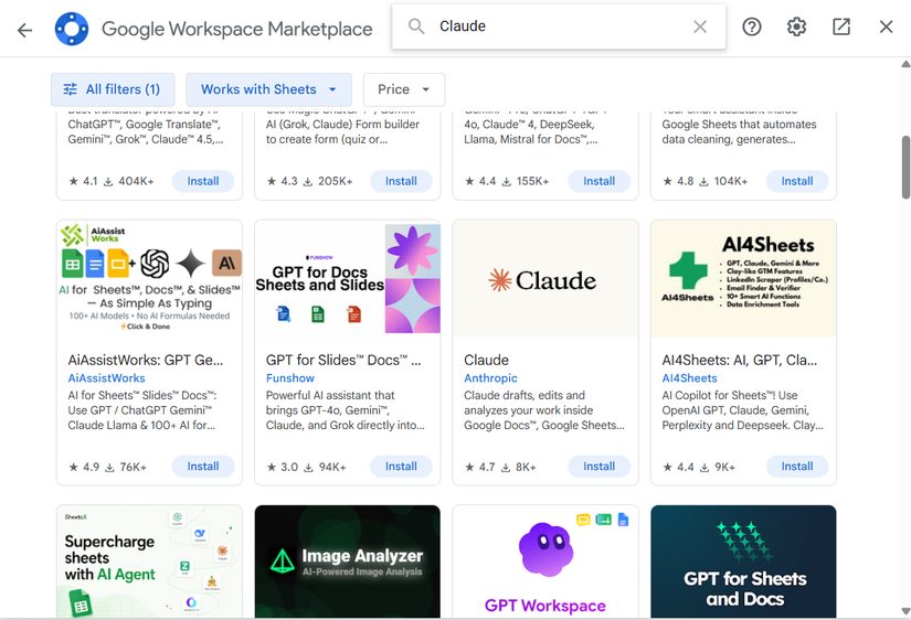 Google Workspace Marketplace with 'Claude' in the search bar.