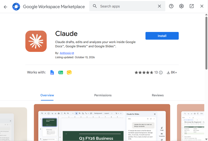 Google Workspace Marketplace showing the Claude add-on with the blue Install button next to it.