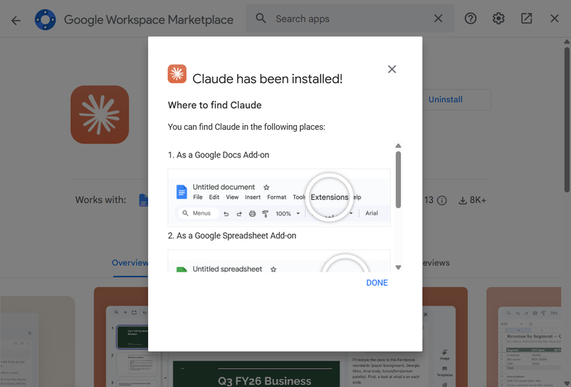Google Workspace Marketplace showing the Claude add-on after installation.
