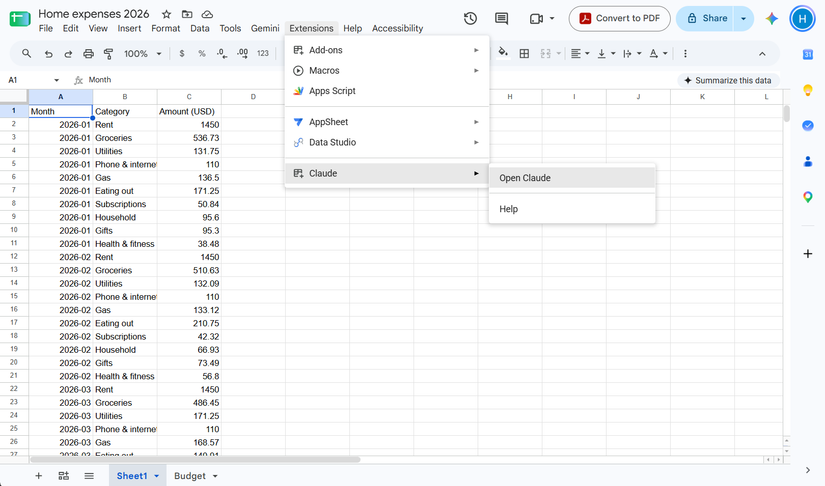 A sheet in Google Sheets showing rows of data and the 'Extension' dropdown with relevant options highlighted.