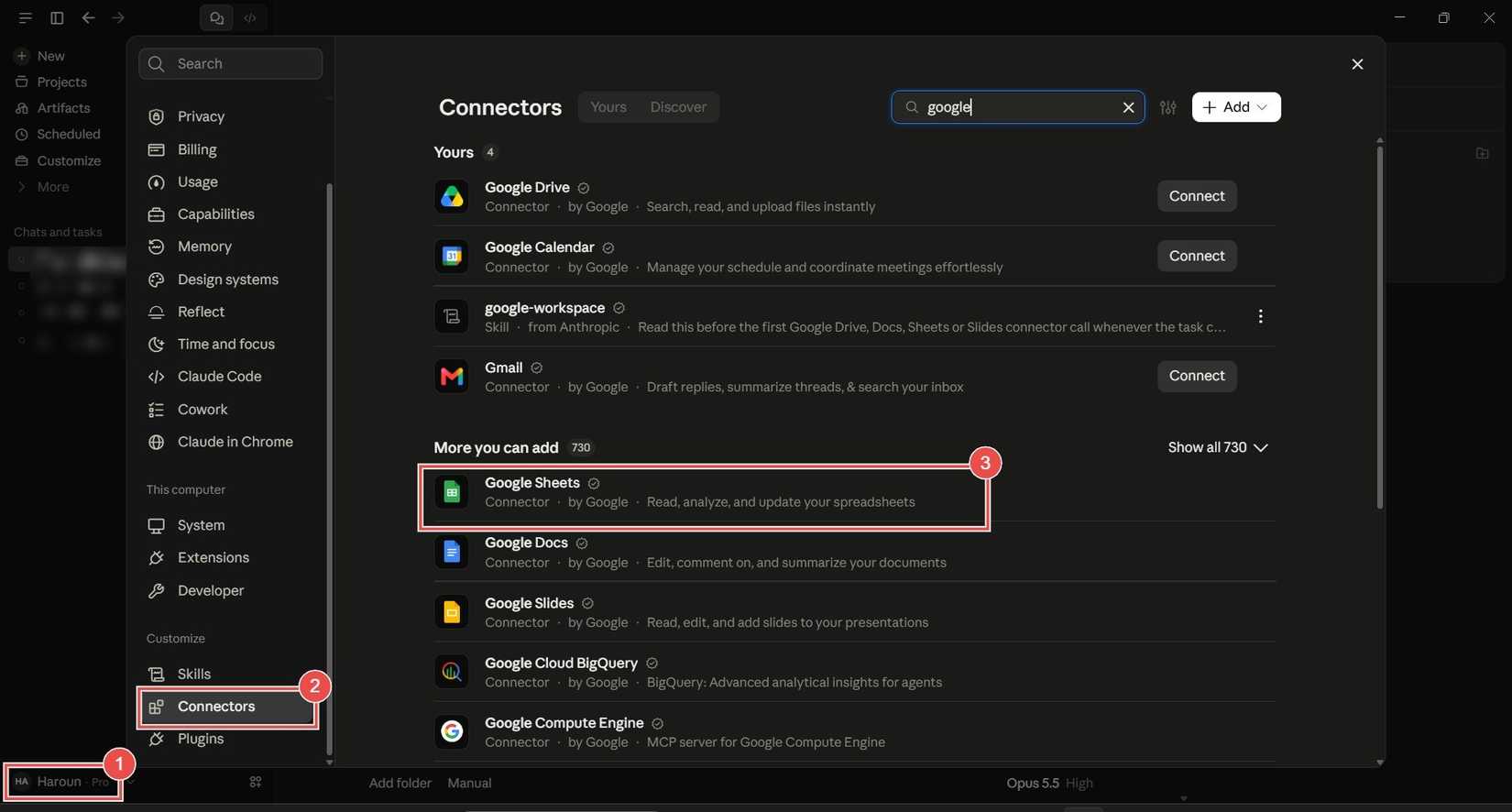 Claude Settings showing the 'Connectors' screen with the steps to follow highlighted.