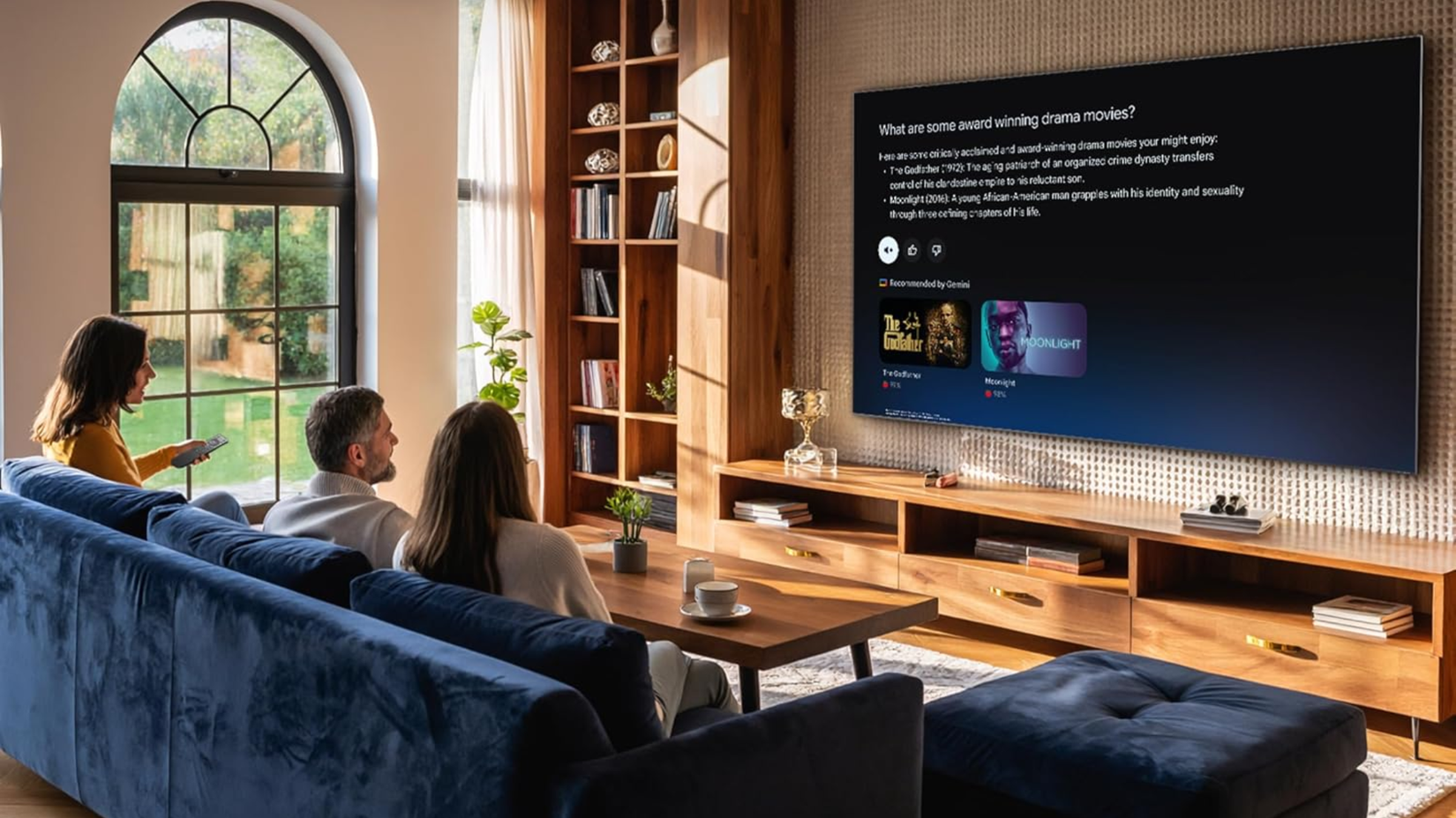 People watching TCL 75 Inch QM8L Series SQD-Mini LED QLED 4K Smart Google TV 75QM8L in living room