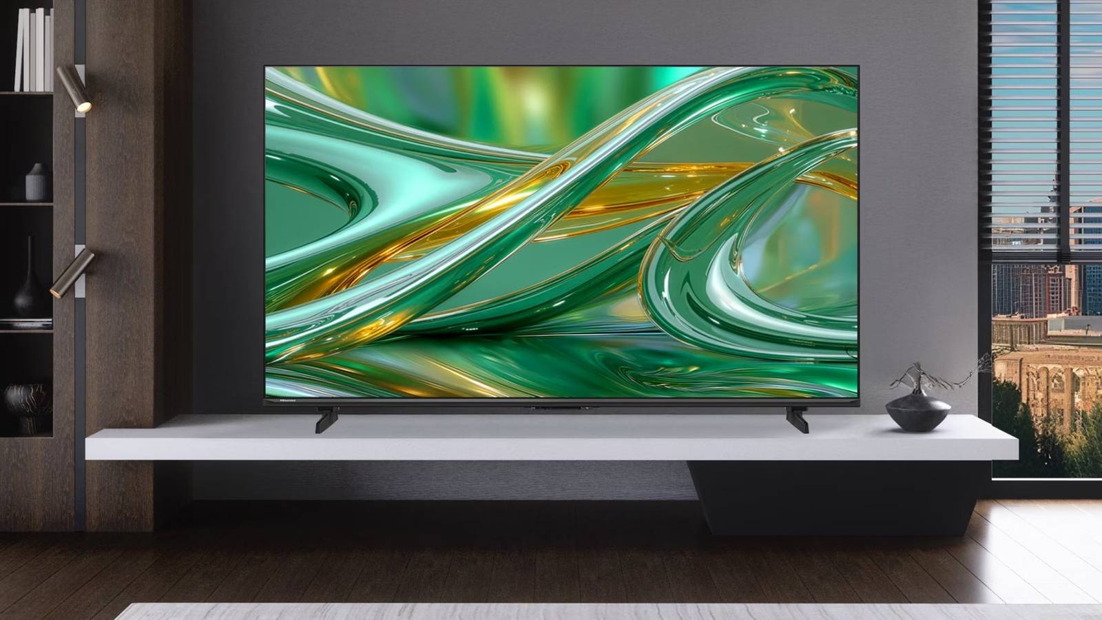 Hisense 55-inch M7 Mini LED 4K Google Smart TV in the living room with a green sceensaver