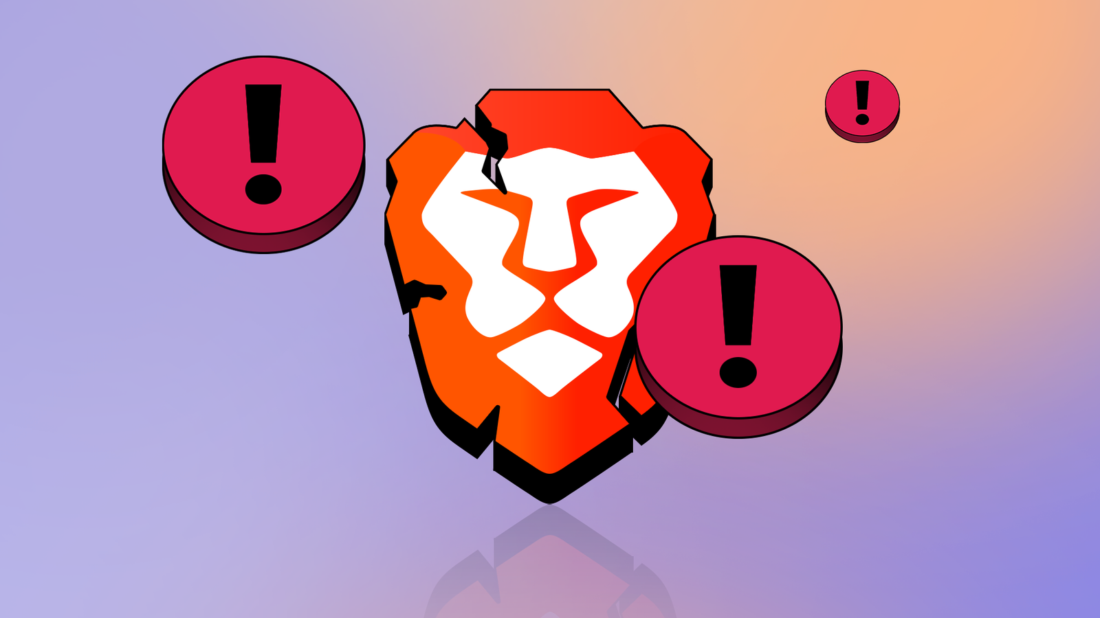 Cracked Brave browser logo surrounded by red warning icons on a purple and orange background.