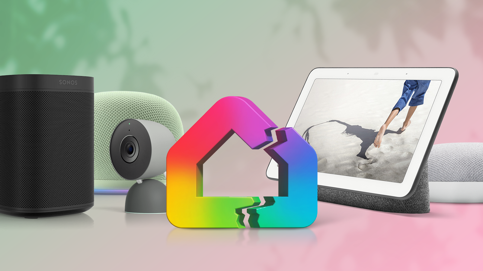 Cracked Google Home logo surrounded by smart home devices, including speakers, a security camera, and a smart display.