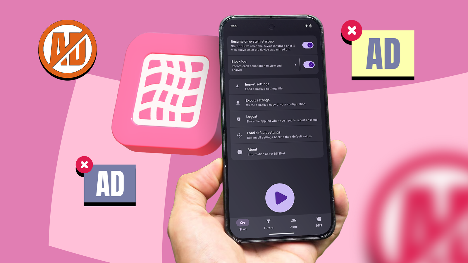 DNSNet app blocking ads on an Android phone.