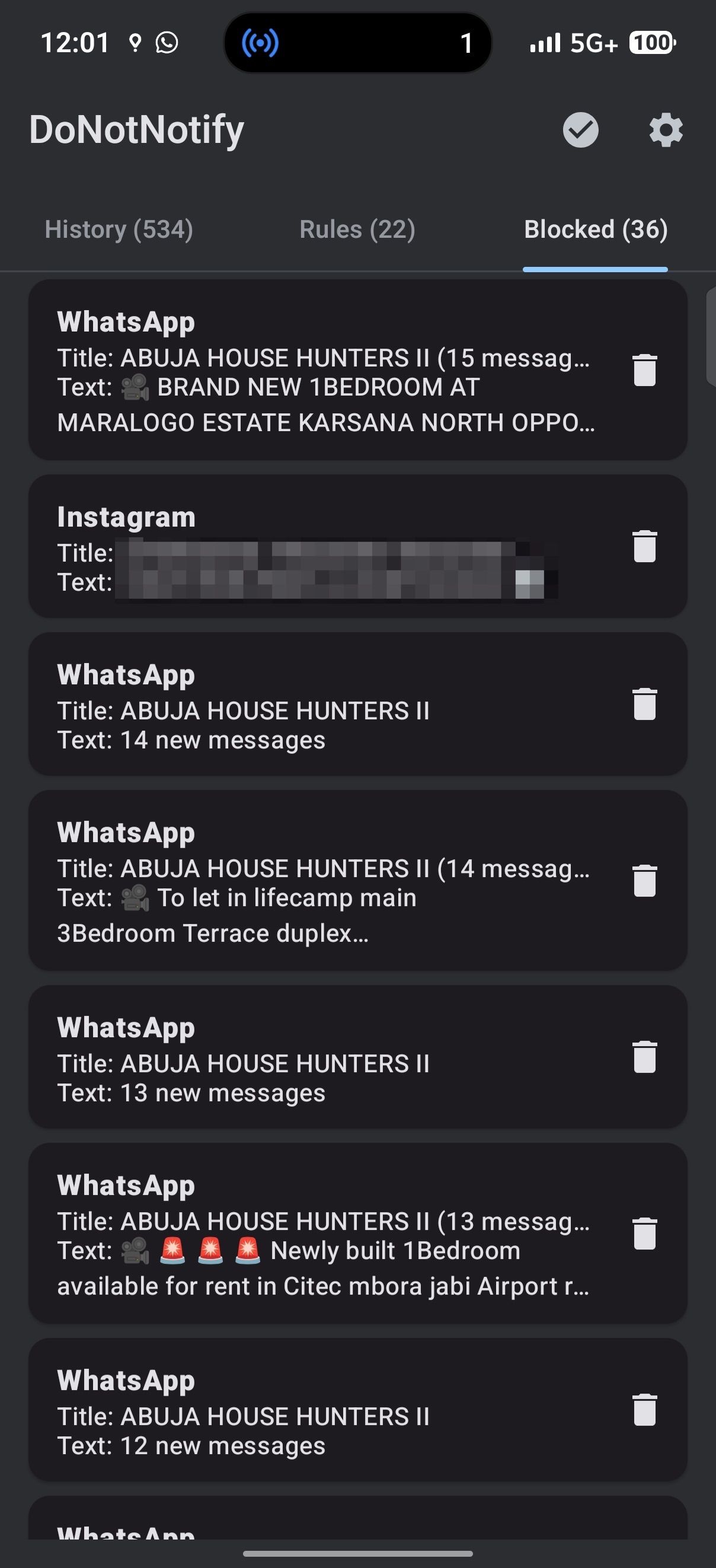 DoNotNotify Blocked notifications tab showing 36 blocked messages from social apps