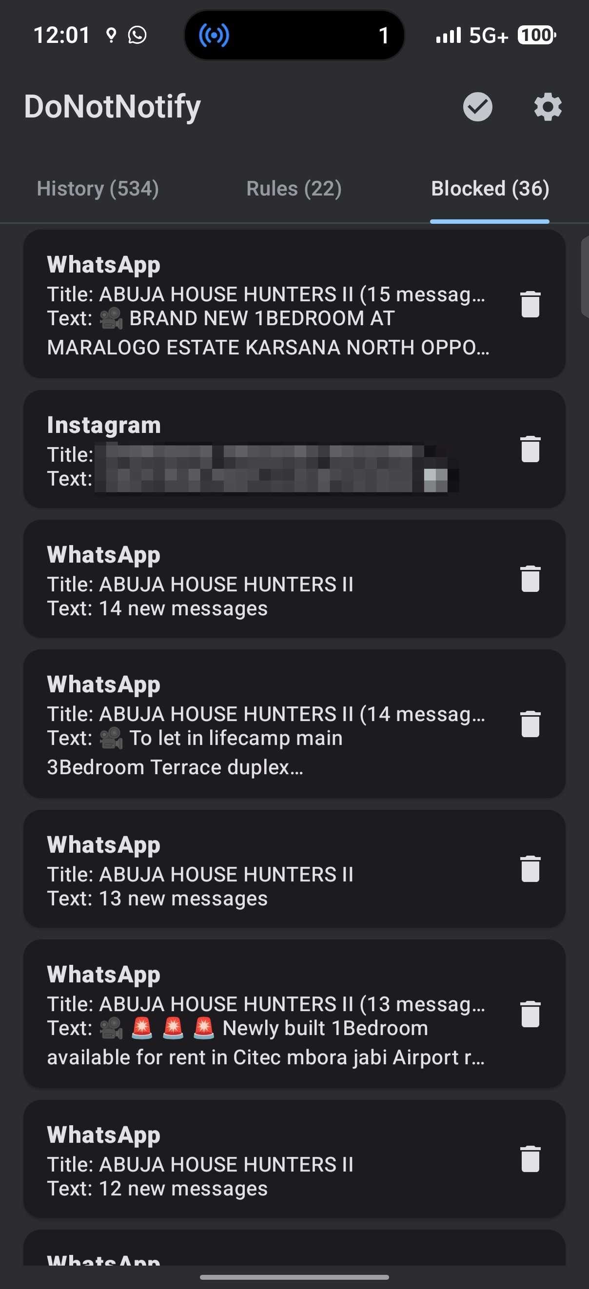 DoNotNotify Blocked notifications tab showing 36 blocked messages from social apps