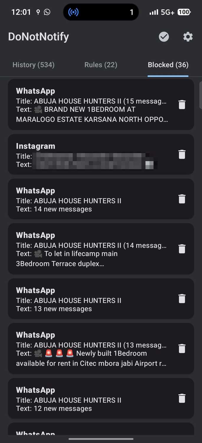 DoNotNotify Blocked notifications tab showing 36 blocked messages from social apps