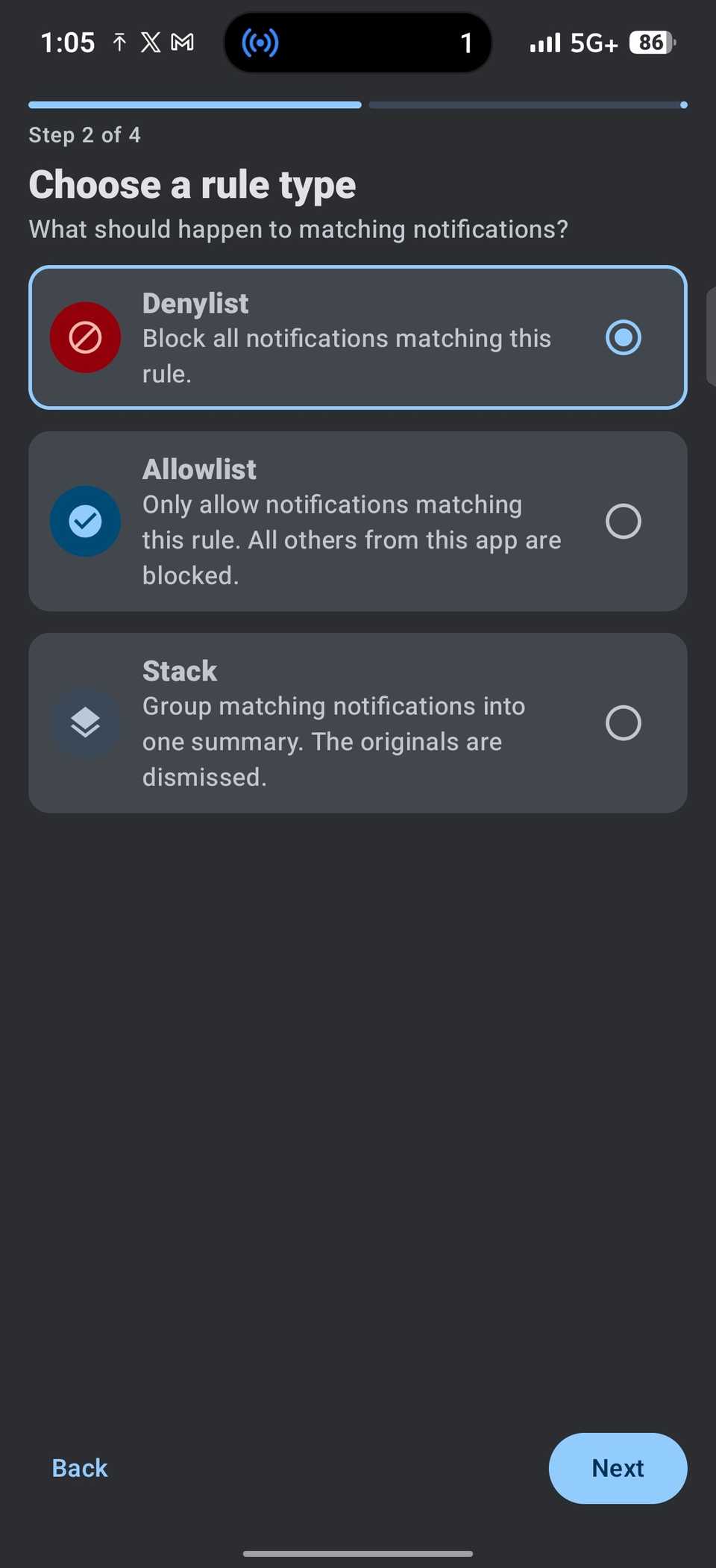Scegli una finestra di dialogo del tipo di regola che mostra le opzioni di filtro delle notifiche con le descrizioni