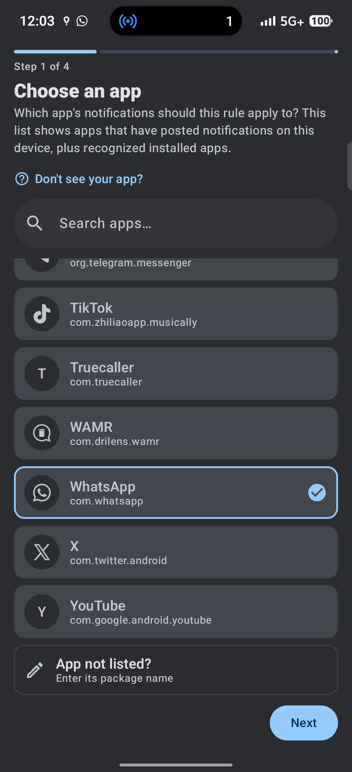 Choose an app screen on DoNotNotify app with WhatsApp selected from list of social apps