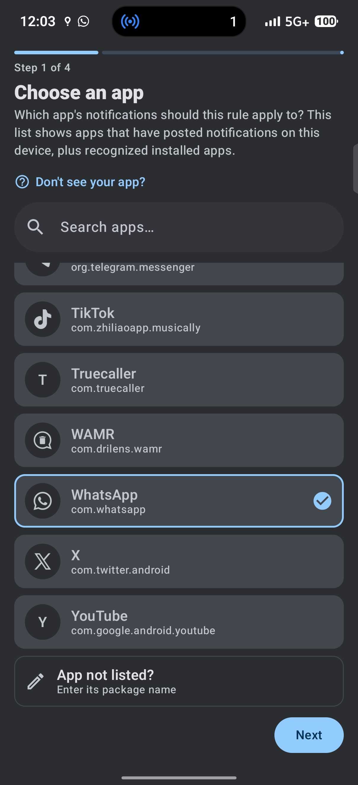 Choose an app screen on DoNotNotify app with WhatsApp selected from list of social apps