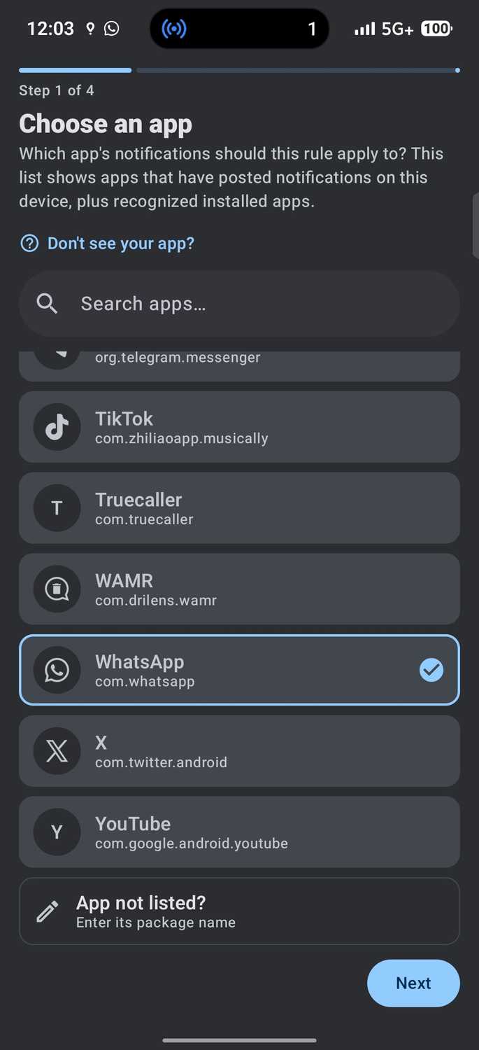 Choose an app screen on DoNotNotify app with WhatsApp selected from list of social apps