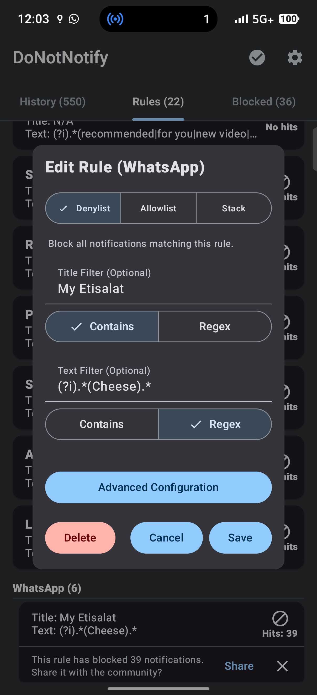 DoNotNotify WhatsApp rule editor showing Denylist type with title and text filter options