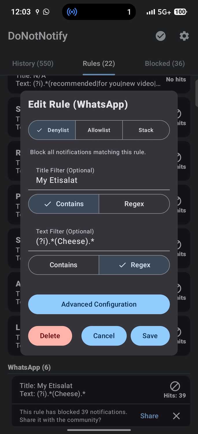 DoNotNotify WhatsApp rule editor showing Denylist type with title and text filter options