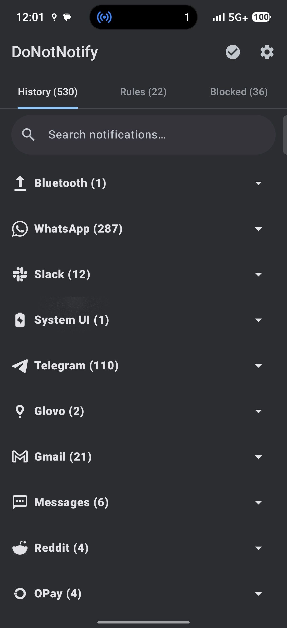 DoNotNotify app showing History tab with notification counts from various apps