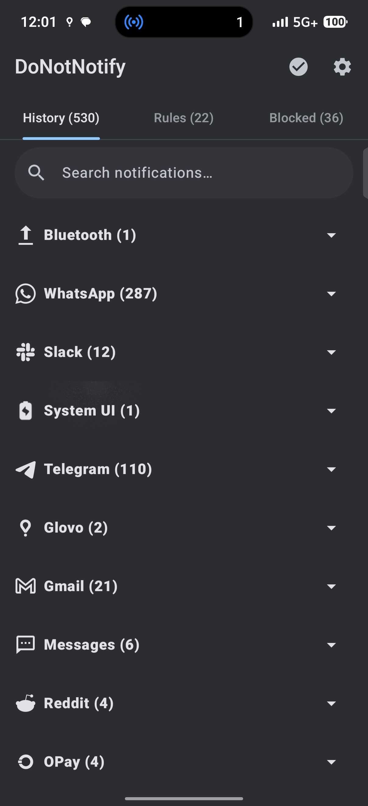 DoNotNotify app showing History tab with notification counts from various apps