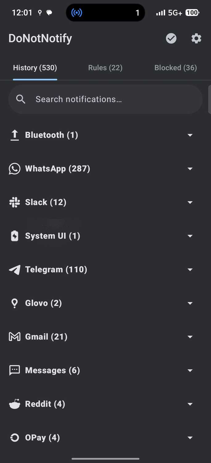 DoNotNotify app showing History tab with notification counts from various apps