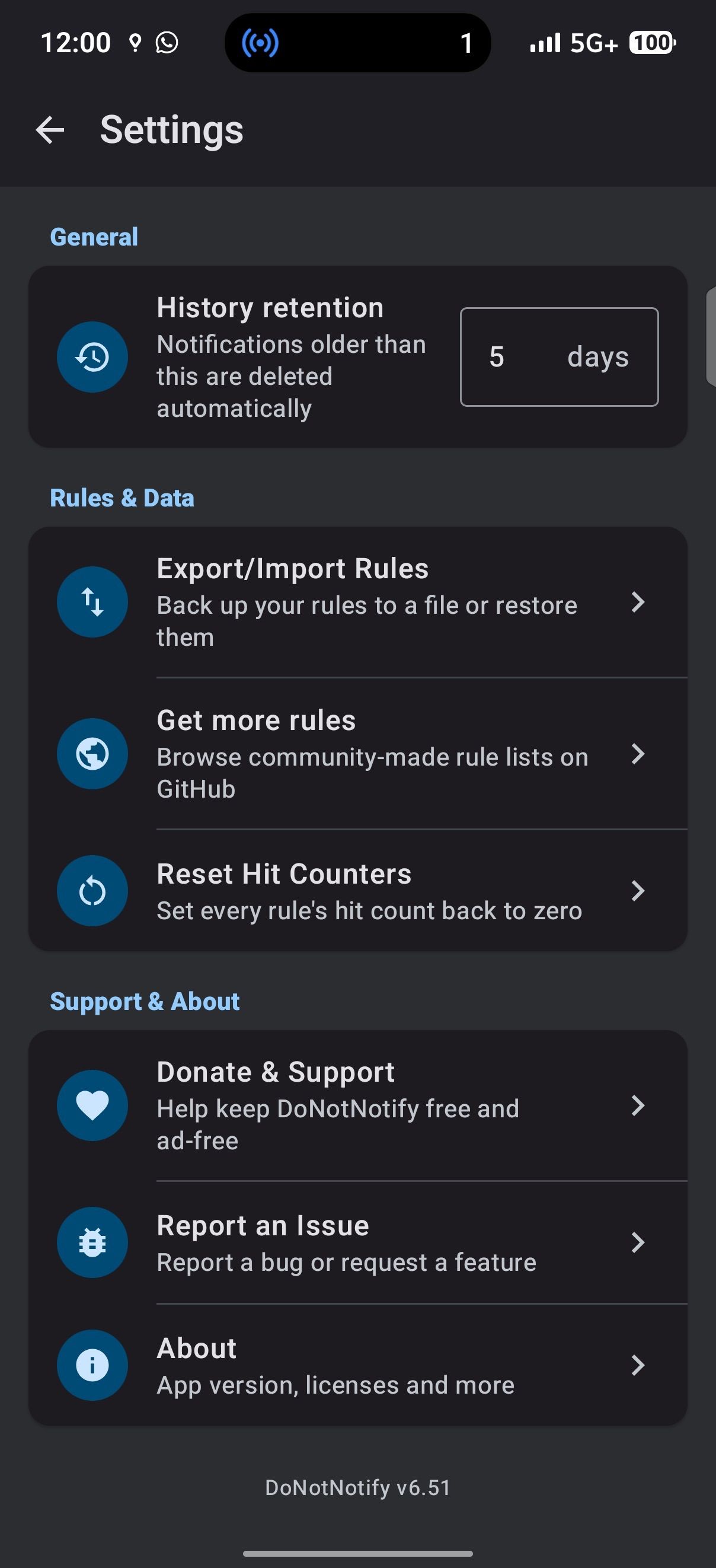 DoNotNotify app settings screen with General and support options