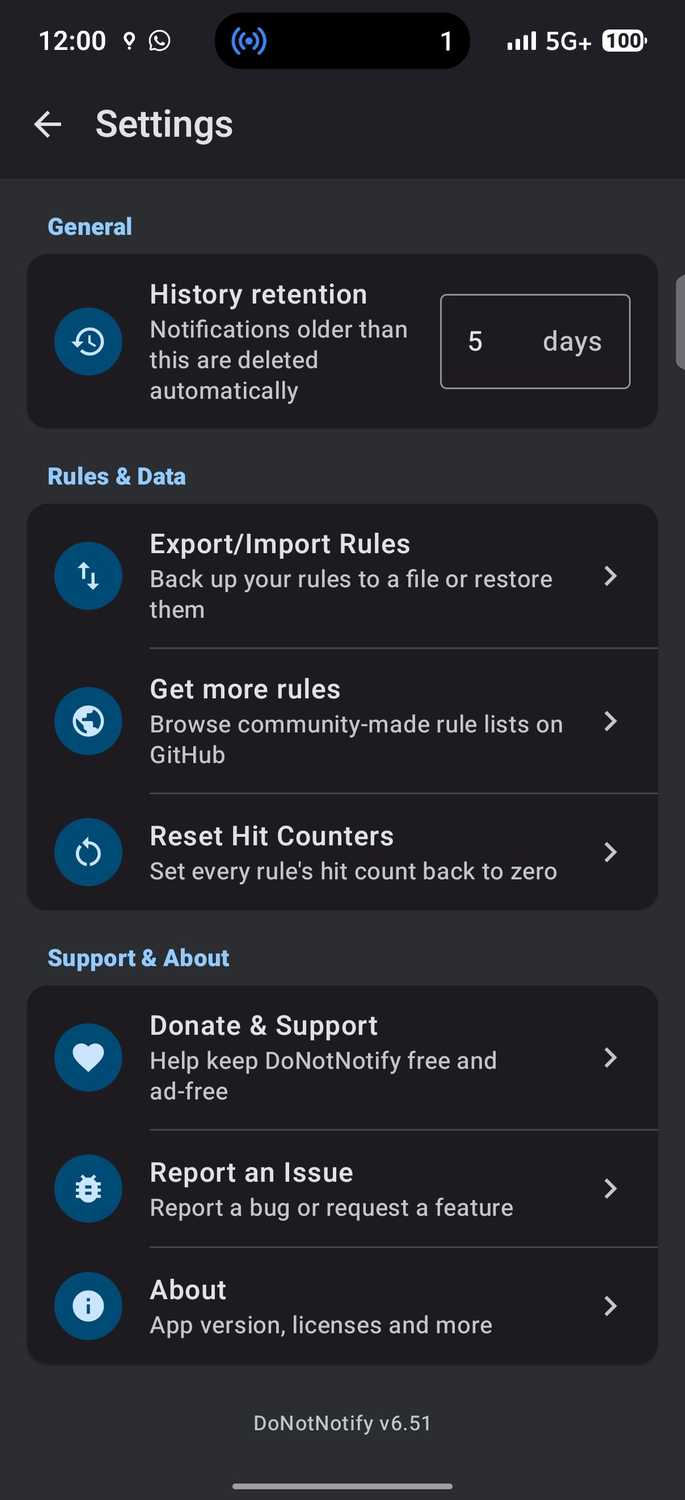 DoNotNotify app settings screen with General and support options