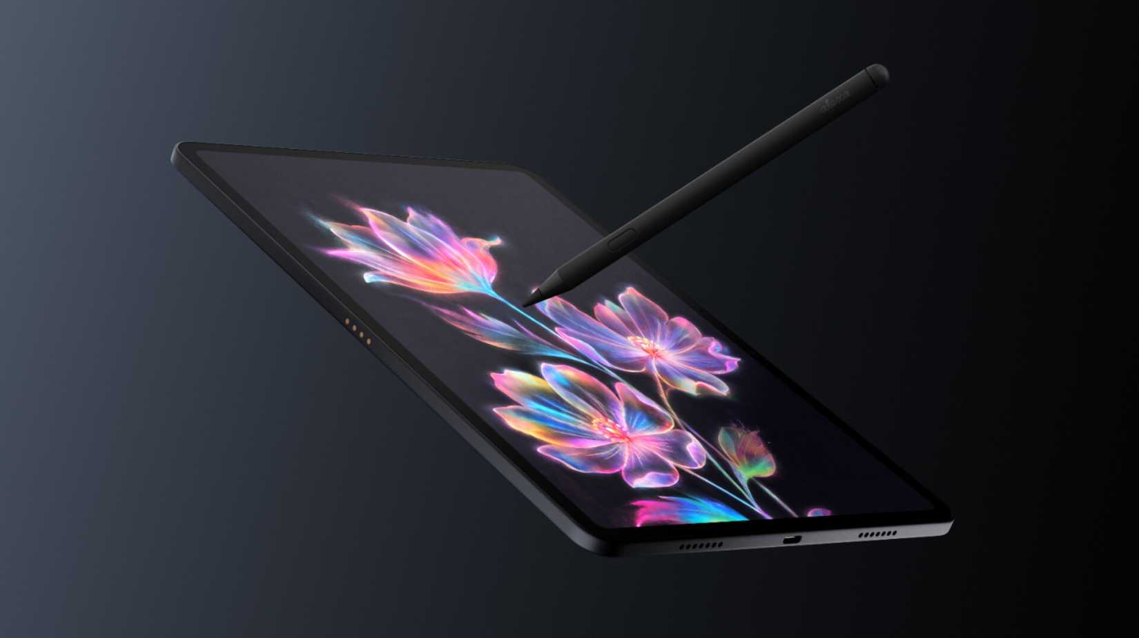 Amazon Alexa Tablet 12 with stylus floating in the air on black background