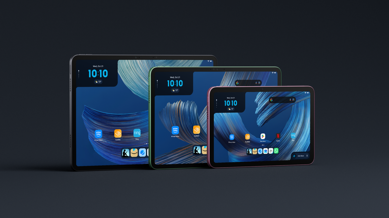 Amazon Alexa Tablets in a lineup on a grey background