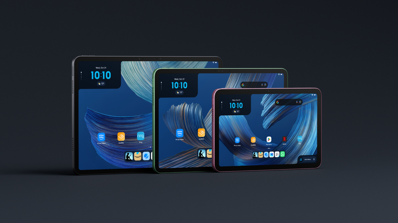 Amazon Alexa Tablets in a lineup on a grey background